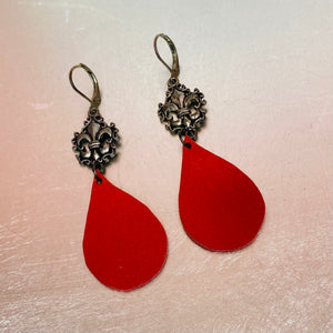 Leather Teardrop Dangle Earrings ~ Red