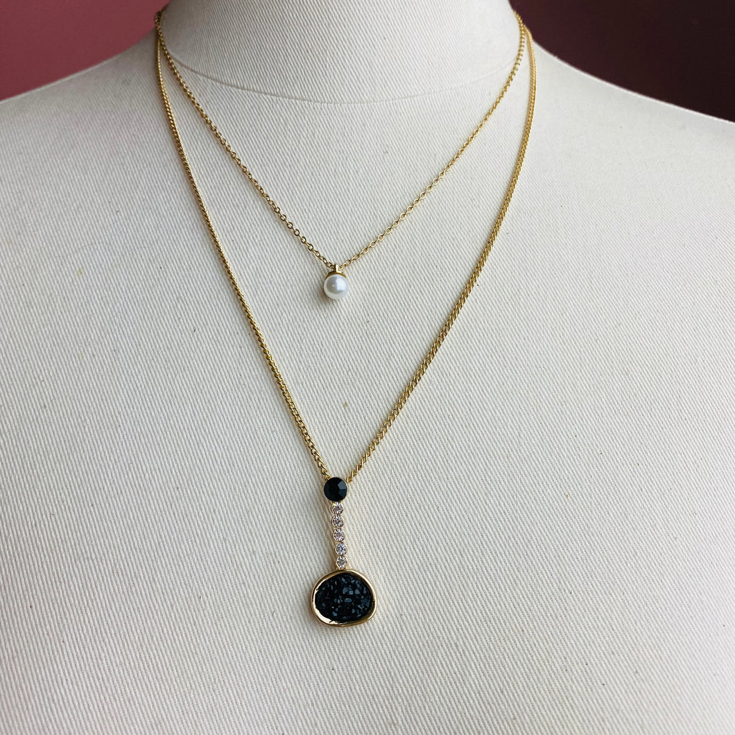 Druzy Oval Layered Necklace~Black