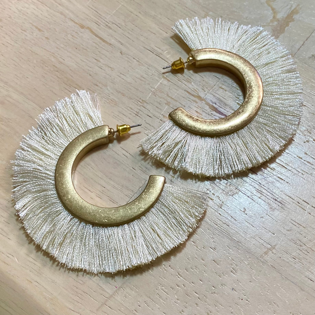 Ansley Fringed 3/4 Hoop Earrings ~ Cream