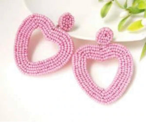 Beaded Heart Earrings ~ Pink