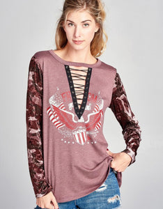 Jossalyn Velvet Sleeve Lace Up Graphic Top