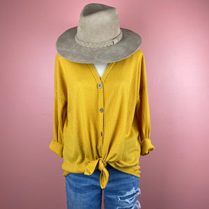 Faux Button Up Pullover Top - Mustard