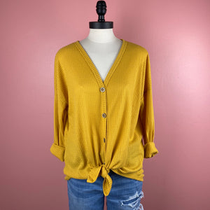 Faux Button Up Pullover Top - Mustard