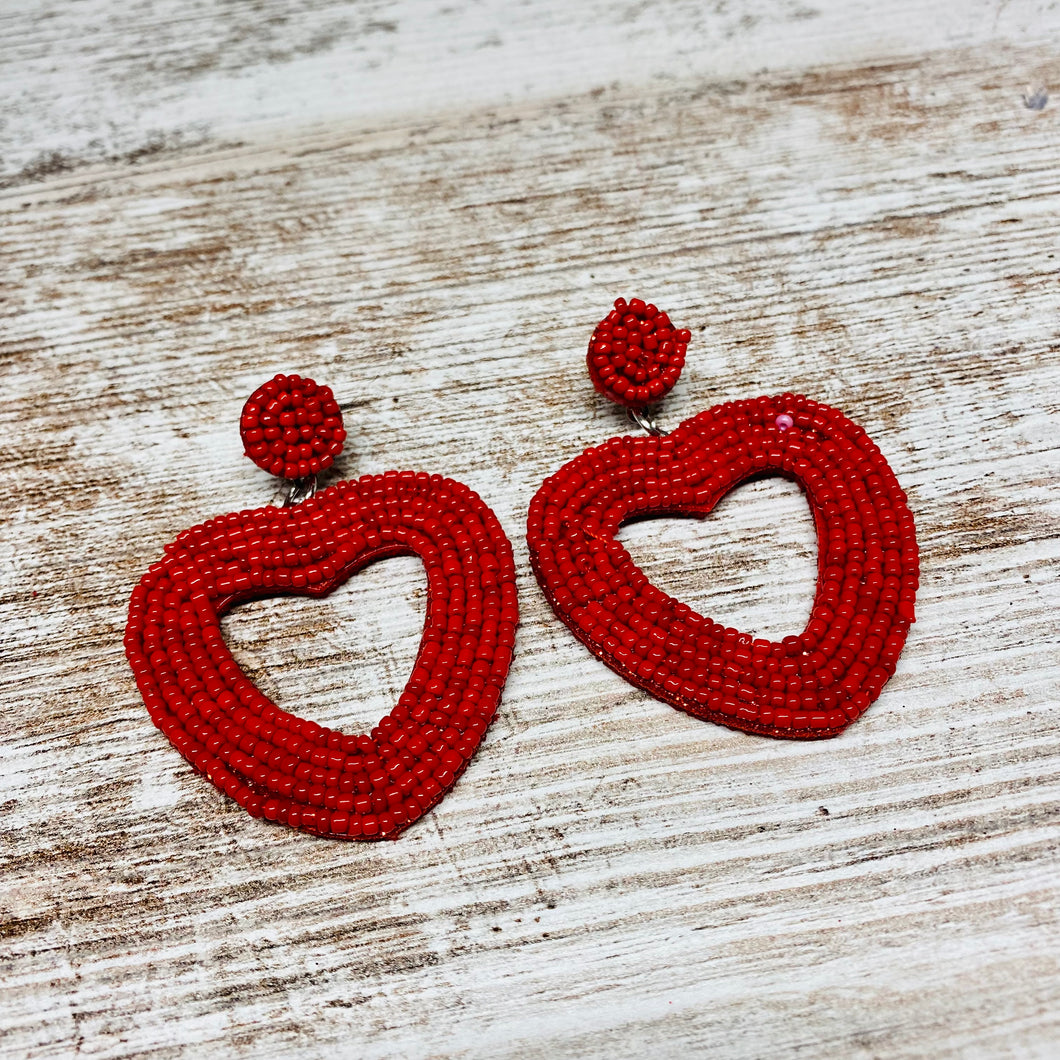 Beaded Heart Earrings ~ Red