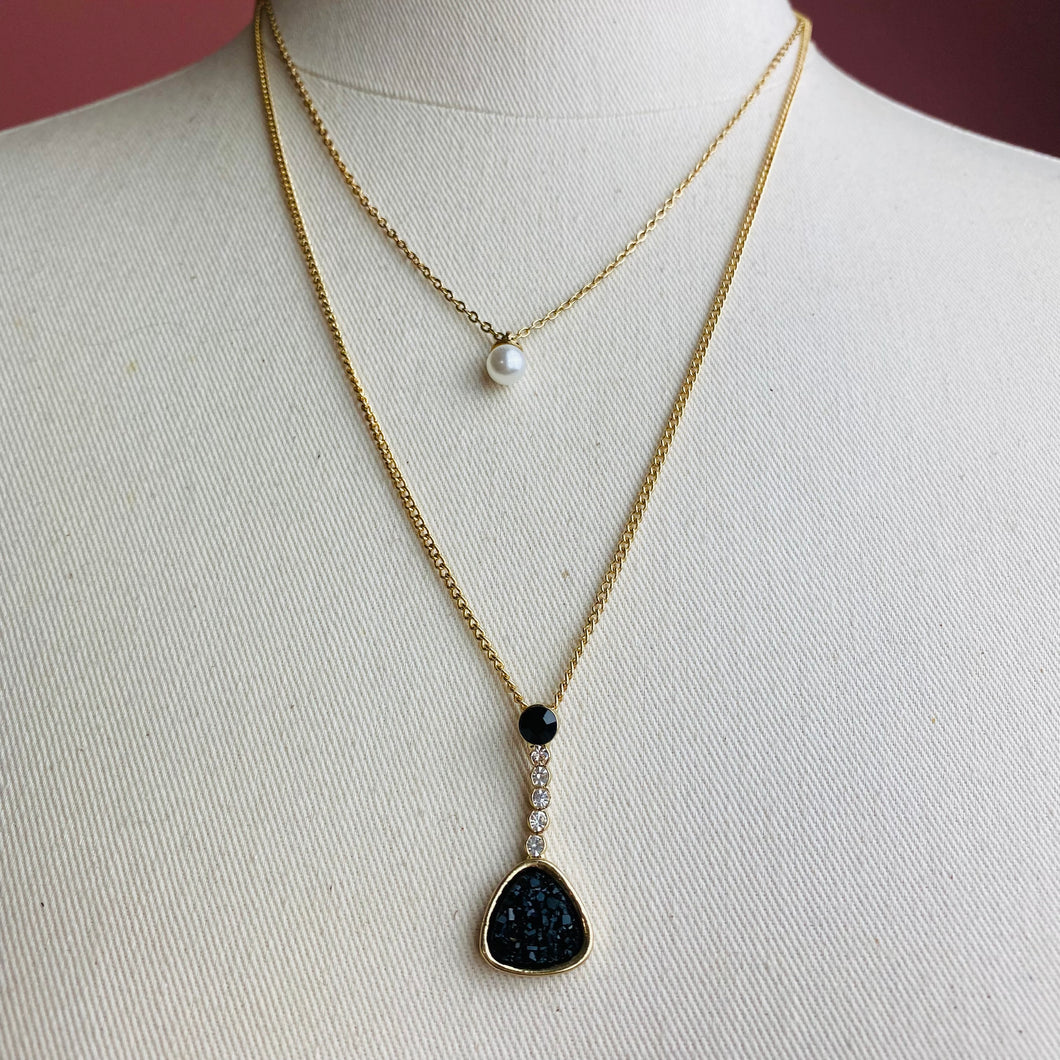 Druzy Triangle Layered Necklace~Black