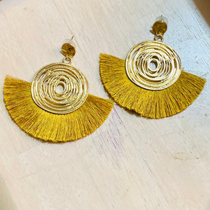 Avalon Fringed Medallion Dangle Earring~Mustard