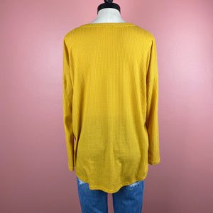 Faux Button Up Pullover Top - Mustard