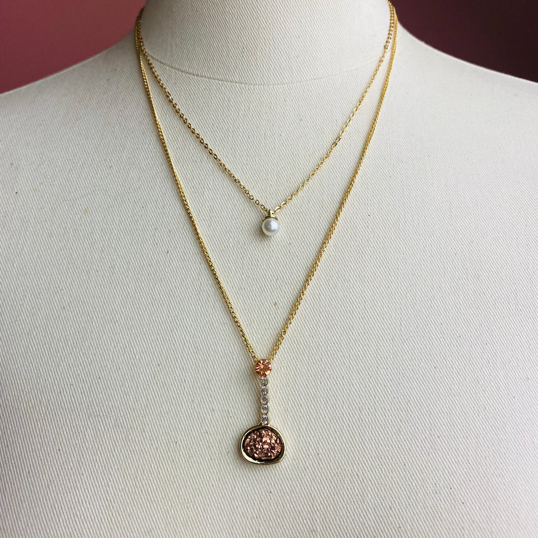 Druzy Oval Layered Necklace~Rose Gold